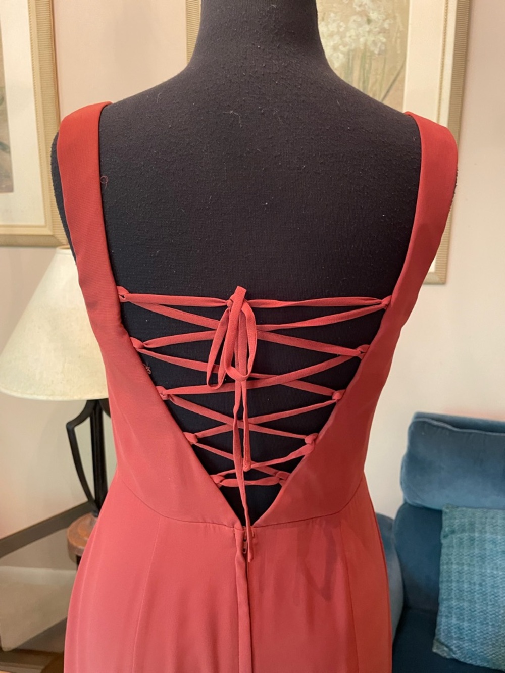 David’s Bridal Chiffon Cinnamon Square Neckline Lace Up Back Dress With Pockets - Picture 8 of 12